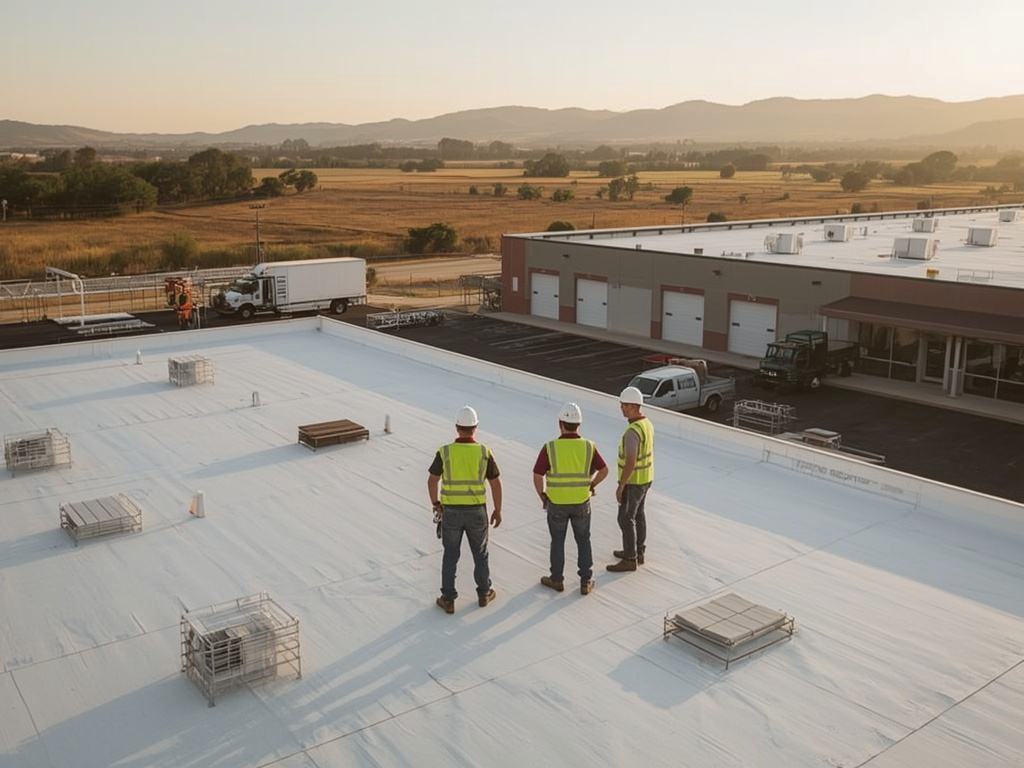 Commercial roofing crew on a completed membrane roof in Fairfield, CA